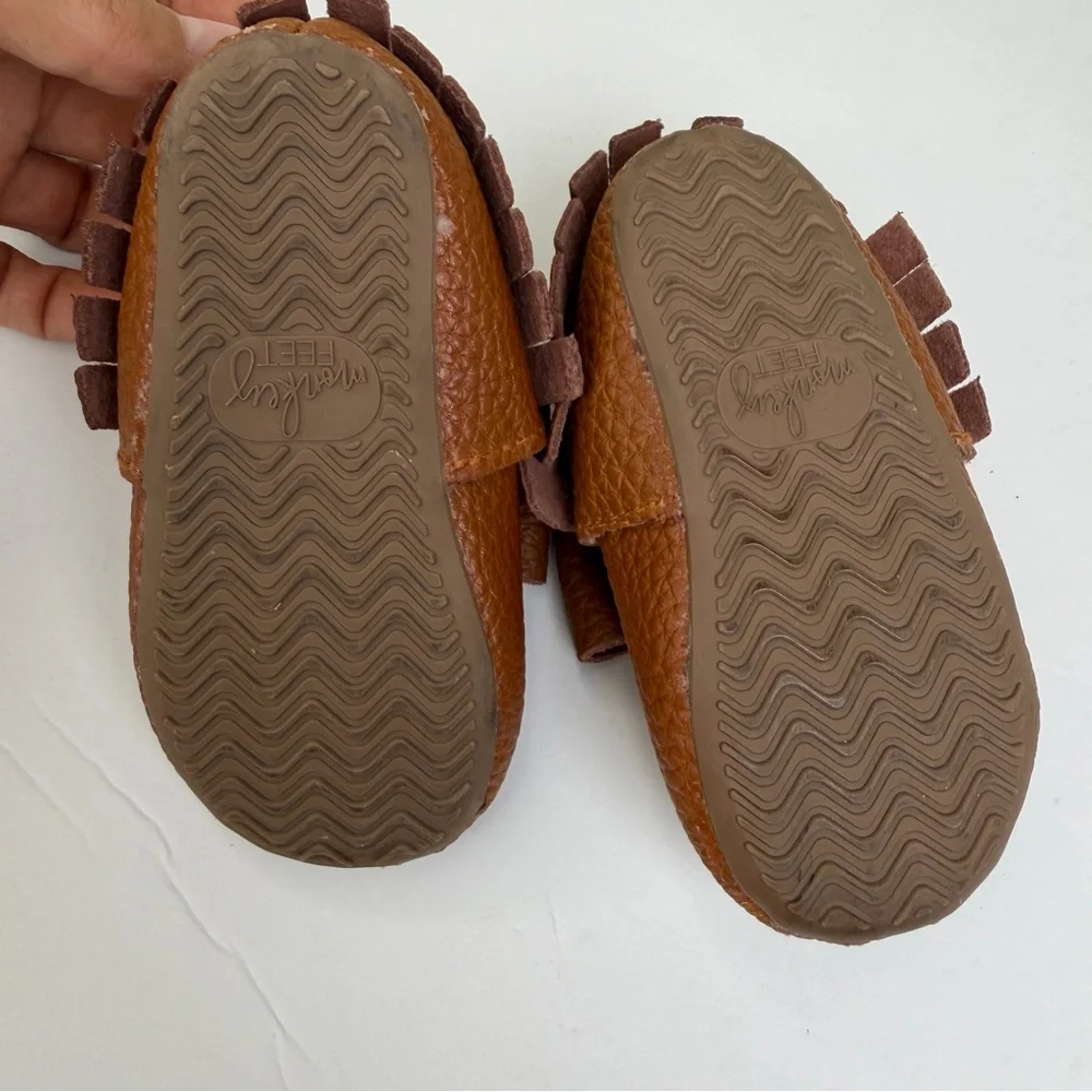 Monkey Feet Brown Baby Leather With Fringe and Bow Detail Slip-on Moccasin Shoes